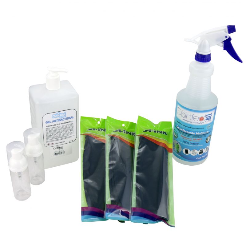 Kit intermedio desinfectante con gel antibacterial, desinfectante y cubrebocas de tela