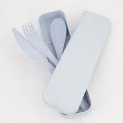 Juego de cubiertos azul cuchillo, cuchara y tenedor de fibra de trigo con estuche
