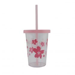 Este hermoso vaso con popote de plástico tiene un bello diseño con flores de sakura, con popote y tapa a juego en un color rosa.